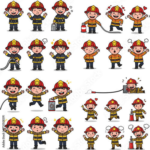 Cartoon firefighter characters in various poses and actions