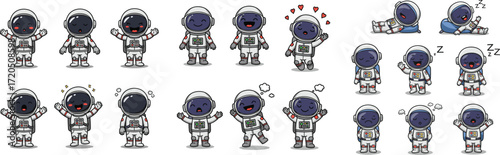 Cartoon astronaut emoticons set. Cute spaceman in different poses and expressions.