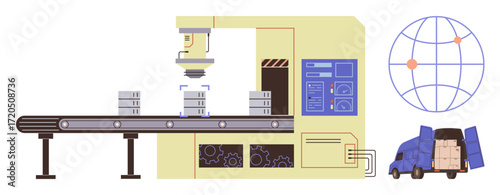 Conveyor belt in factory assembly process, robotic machine stacking boxes, global networking globe symbol, packed delivery truck driving away. Ideal for innovation, efficiency, automation