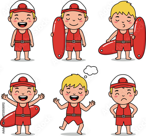 Cartoon lifeguards with rescue boards in various poses and expressions