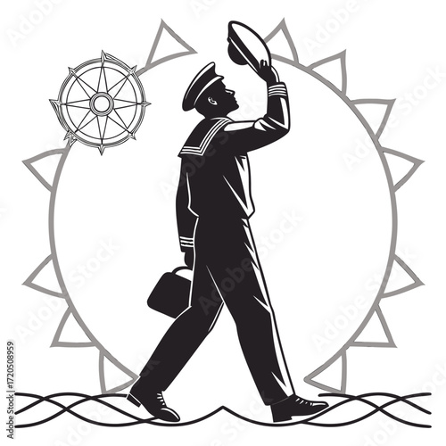 black and white sailor walking, saluting clip art preview