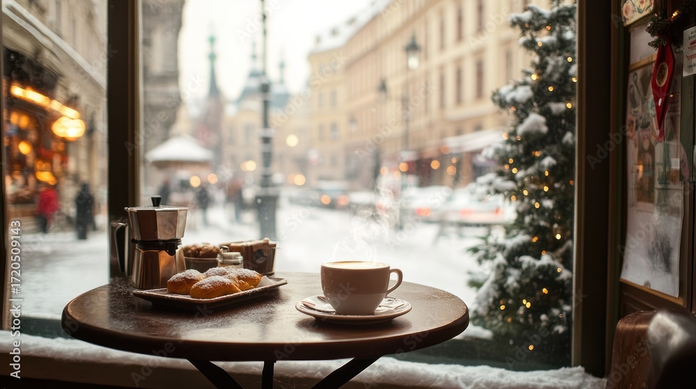 Fototapeta premium Cozy Winter Coffee Shop Scene: A Warm Mug of Coffee, Delicious Pastries, and a Snowy Cityscape