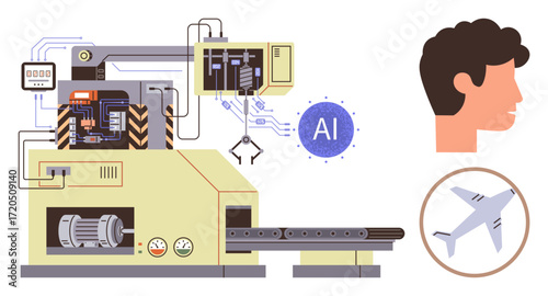Industrial machine with AI integration, human profile, airplane icon. Ideal for innovation, technology, AI, machinery, automation human-machine interaction aviation themes. Simple flat metaphor