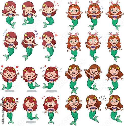 Cartoon mermaid seamless pattern with diverse poses and expressions