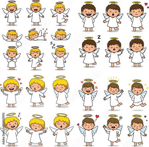 Cartoon angels in various poses and expressions vector illustration