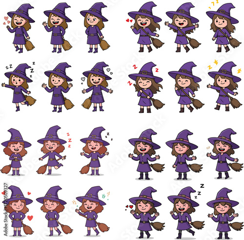 Cartoon witch characters with different expressions and poses, wearing purple robes