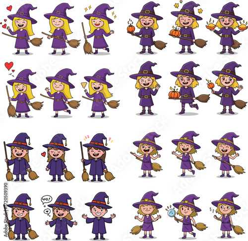 Cartoon witches collection with different poses and expressions