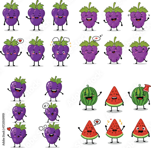 Cartoon fruit characters with cute facial expressions vector