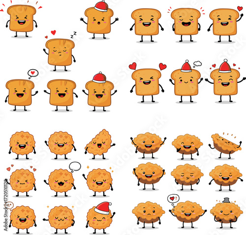 Cute cartoon food collection. Adorable toast and pie characters in various poses, with happy and playful expressions.
