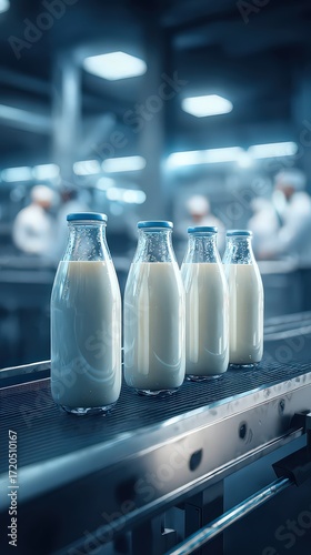Milk Bottles On Conveyor Belt In Modern Dairy Plant