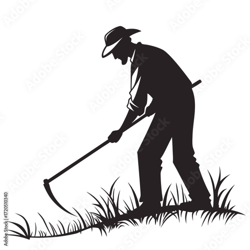 Farmer cutting grass silhouette