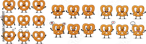 Pretzel characters with various facial expressions, vector illustration