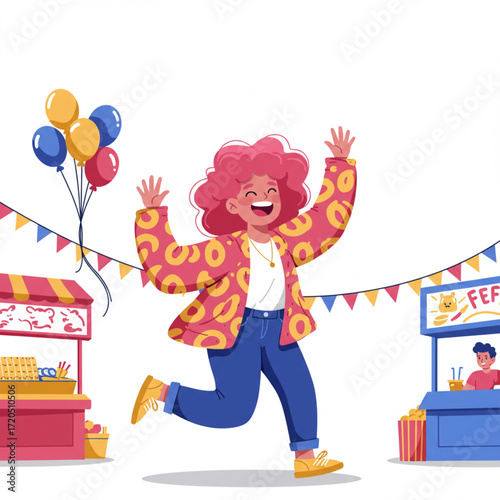 woman at festival with food stalls and balloons