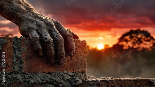 Muddy Hand Placing Brick At Sunset
