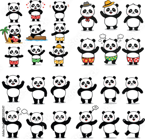 Cartoon panda characters collection with diverse poses and outfits