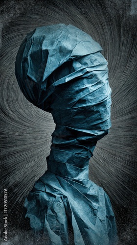 Mysterious Figure in Teal Swathed Fabric Against a Textured Background