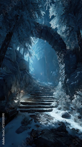 Mysterious Snowy Forest Path at Night