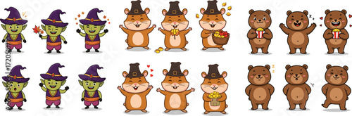 Cartoon animals: goblin, hamster, bear in different poses