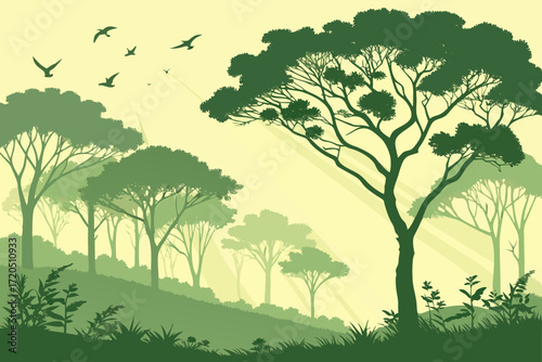 Lush green forest landscape with vibrant vegetation and sunbeams, perfect for nature lovers seeking tranquility and inspiration in a peaceful woodland scene