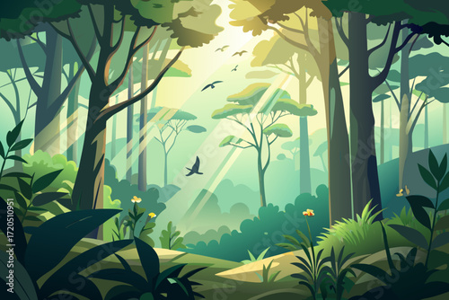 Lush green forest scene with soaring birds, perfect for nature documentaries, environmental campaigns and serene backgrounds, originally a scalable vector graphic