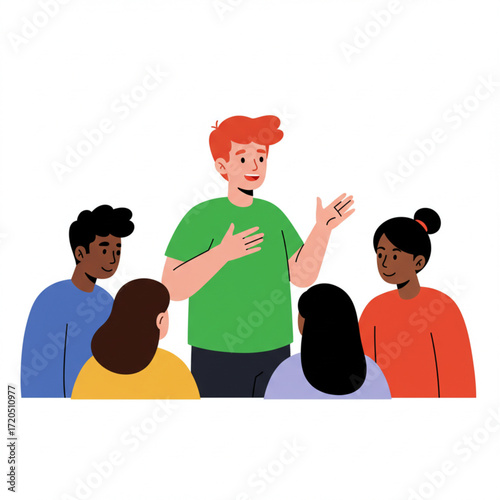 discussion or meeting, with one person presenting ideas to attentive listeners, symbolizing collaboration and effective communication
