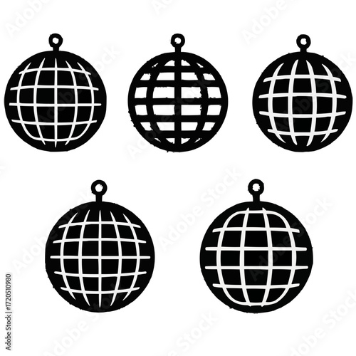 Set of five disco ball icons ready to bring the party to your designs, perfect for event promotion and retro themes for a vibrant and fun atmosphere