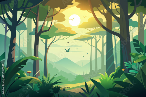 Lush vibrant jungle scene evoking serenity and adventure, sunlight filtering through canopy, birds flying, a perfect escape to nature's embrace