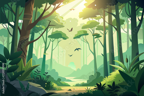 Lush jungle landscape with vibrant trees and misty atmosphere, perfect for nature lovers and adventure seekers, a scenic view with birds flying above