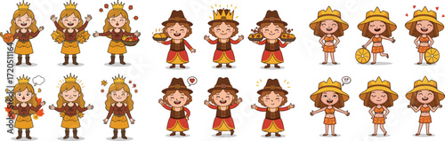 Cartoon collection featuring girls wearing crowns, pilgrim hats, and beach hats in various poses