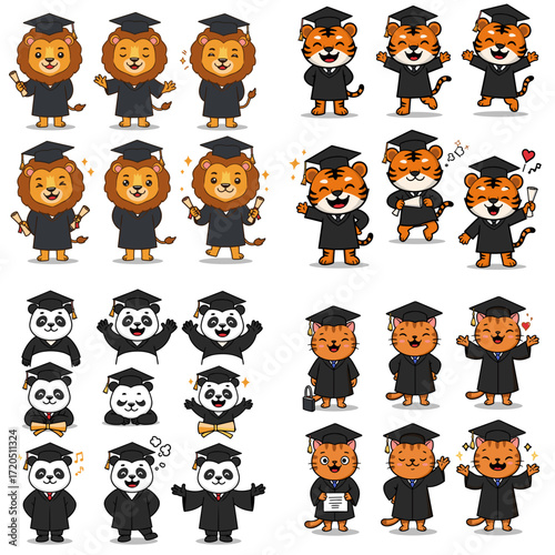 Cartoon animals graduating, vector illustration