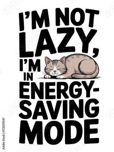 Funny Sleeping Cat Illustration in Energy-saving Mode on White Background
