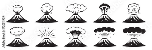 volcano explosion icons set minimal monoline eruption silhouettes lava ash smoke clipart set