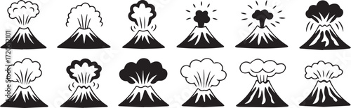 volcano symbol vector pack twelve eruption styles smoke lava plume flat black white icons