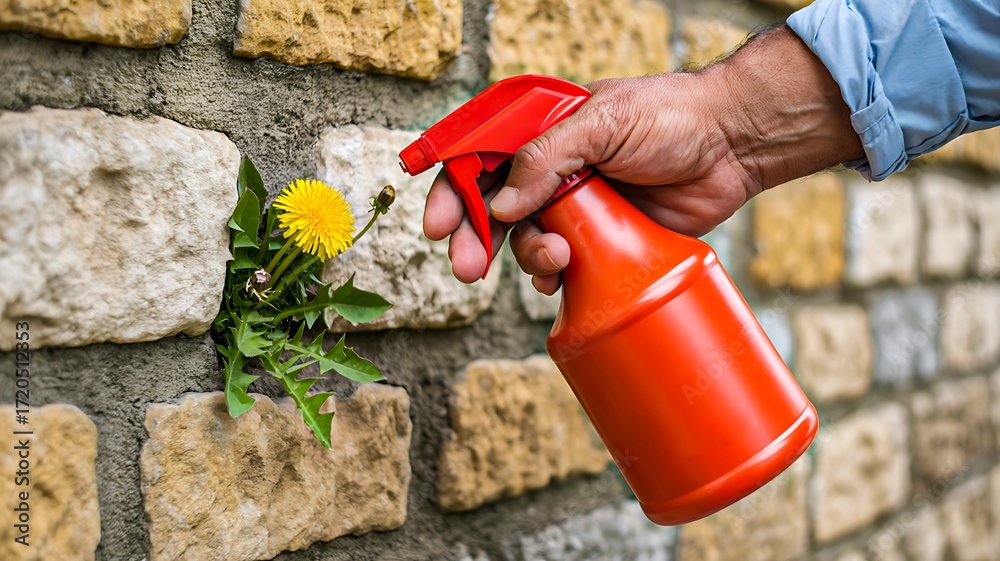 Fototapeta premium Hand using spray bottle on weed growing from stone wall for garden control