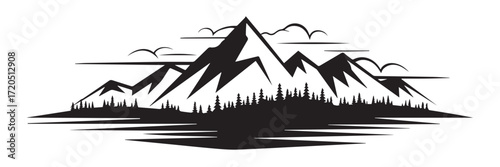 stylized jagged mountain peaks silhouette vector art with conifer forest and mirrored water