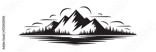 high contrast nature vector illustration mountain range pine trees lake reflection seamless