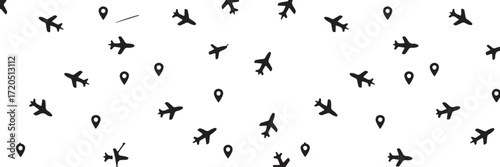 travel icons pattern with airplanes dotted flight paths and location markers vector seamless tile