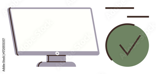 Desktop monitor alongside a green checkmark, symbolizing success, approval, or accuracy. Ideal for productivity, task management, workplace efficiency, validation, confirmation achievement focus