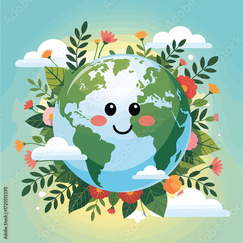 Happy cartoon planet Earth Day surrounded by green leaves and colorful flowers