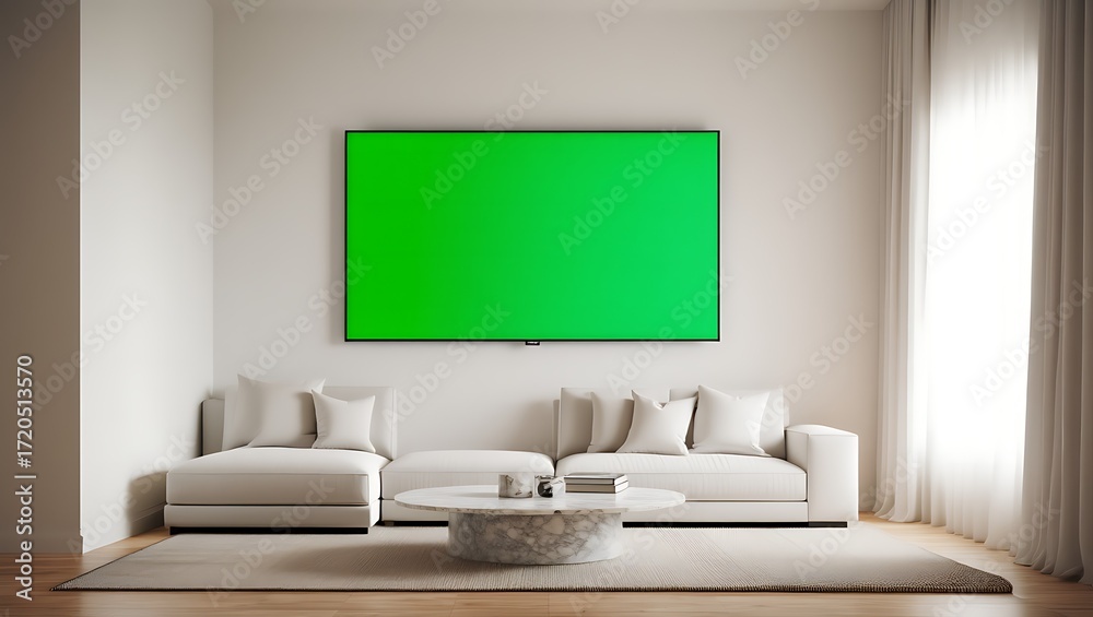 Fototapeta premium A contemporary living room with a large wall-mounted television displaying a blank green screen.