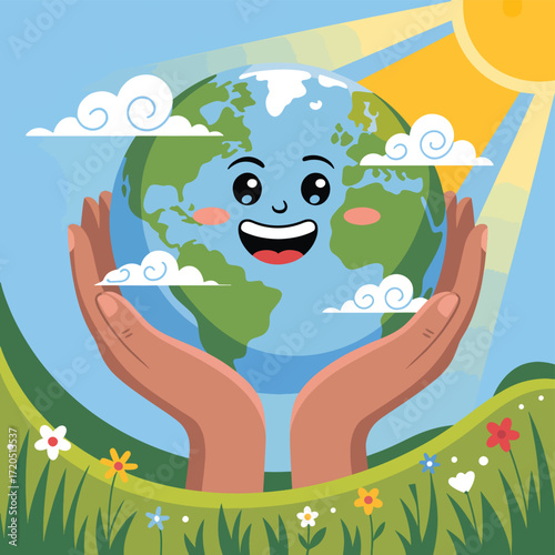 Happy cartoon earth held by hands with sun and clouds