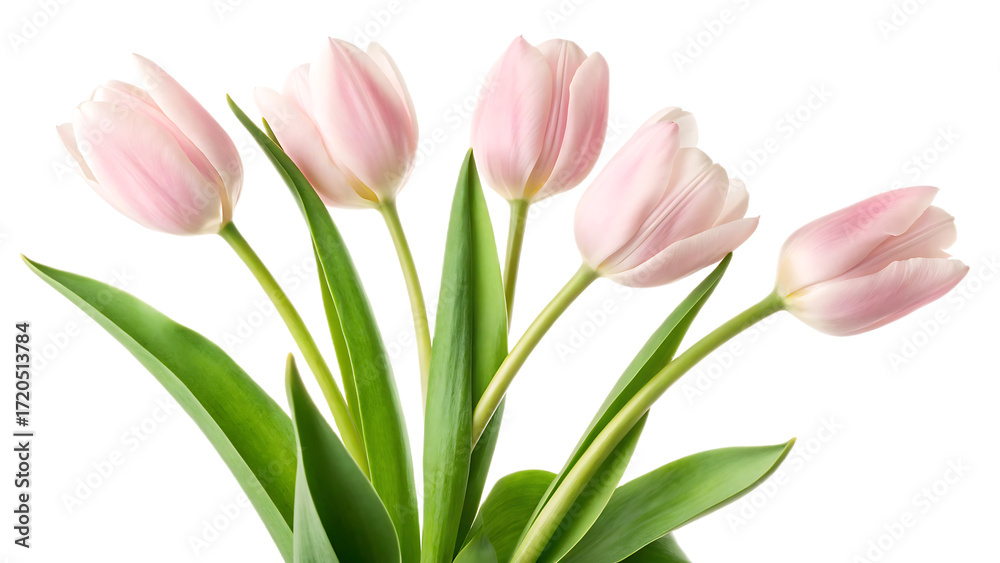 Obraz premium A close up of a bouquet of light pink tulips with green leaves on a transparent background isolated