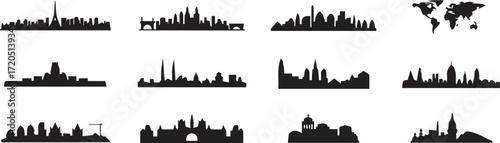 black skyline silhouettes of london paris dublin madrid moscow berlin vienna amsterdam prague istanbul rome world map vector ai eps jpeg png
