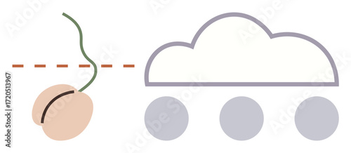 A sprouting seed below soil transitions into a cloud with three raindrops. Ideal for growth, potential, transformation, nature, innovation, sustainability, and connected ecosystems. Simple flat