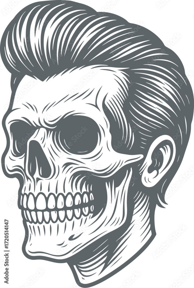 Obraz premium Rockabilly Skull Vector Retro Skeleton Illustration with Pompadour Hair