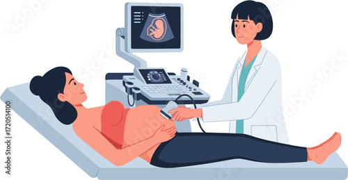 A flat illustration of a female doctor performing a prenatal ultrasound on a pregnant woman looking at the fetus on the monitor.