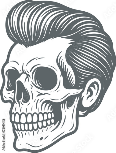 Rockabilly Skull Vector Retro Skeleton Illustration with Pompadour Hair