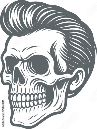 Rockabilly Skull Vector Retro Skeleton Illustration with Pompadour Hair