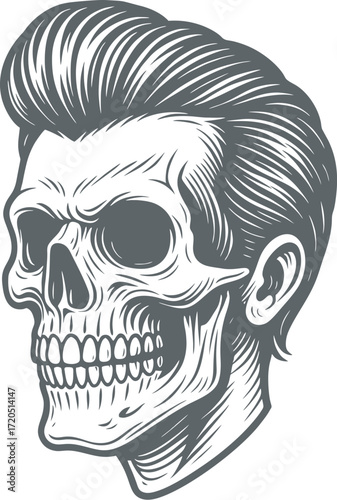 Rockabilly Skull Vector Retro Skeleton Illustration with Pompadour Hair