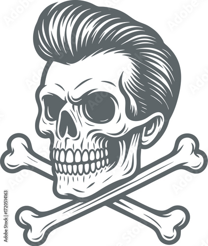 Rockabilly Skull Vector Retro Skeleton Illustration with Pompadour Hair